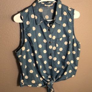 Blue w/ white polka dots with tie sleeveless top